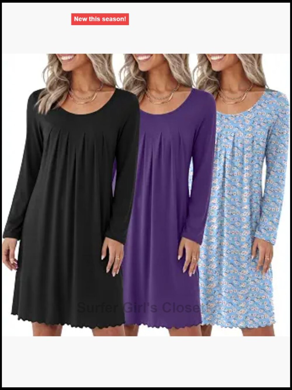3 Pack Womens Long Sleeve Nightgowns Soft Sleep Shirt Lounge Dress